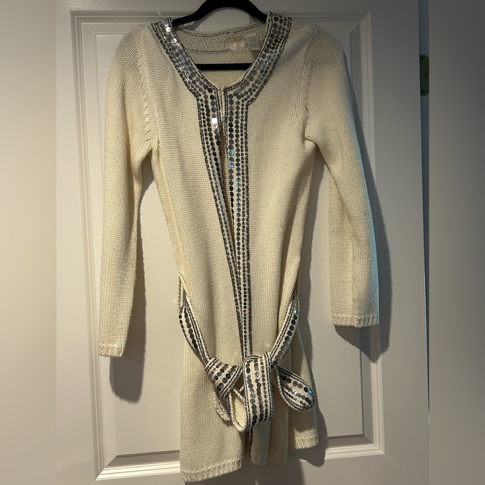 Phosphorus Chic Cream Open Front Belted Cardigan Sweater Sequin Accents Sz M